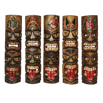 Set of 5 Double Tiki Mask Totem Wall Decor Hand Carved Island-Inspired Sculpture, 24 Inch