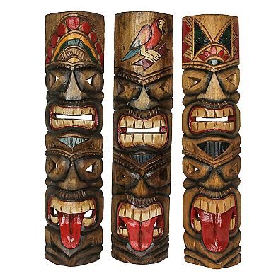 Set of 5 Double Tiki Mask Totem Wall Decor Hand Carved Island-Inspired Sculpture, 24 Inch