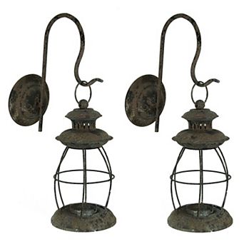 Set of 2 Distressed Black Wall-Mounted Metal Candle Sconces Lanterns