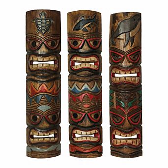 Set of 3 Double Tiki Mask Ocean Totem Hand Carved Wall Decor Sculpture 24 Inch