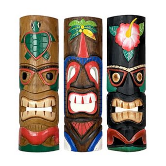 Set of 3 Colorful Hawaiian Island Style Wooden Tiki Wall Masks 20 in High
