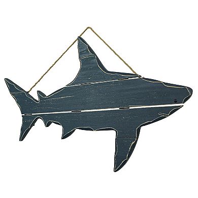 31 Inch Blue Wood Carved Shark Wall Decor Plaque Hanging Nautical Art Coastal