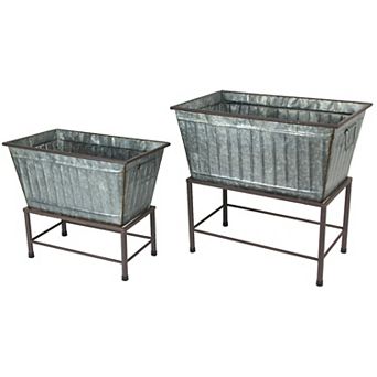 Set of 2 Galvanized Zinc Finish Metal Tub Planters On Stands