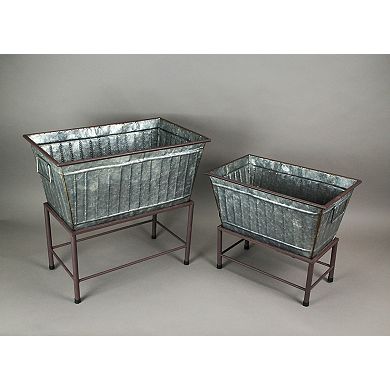 Set of 2 Galvanized Zinc Finish Metal Tub Planters On Stands