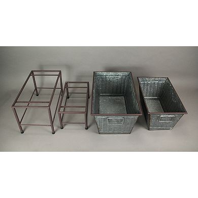 Set of 2 Galvanized Zinc Finish Metal Tub Planters On Stands
