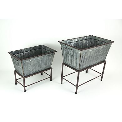 Set of 2 Galvanized Zinc Finish Metal Tub Planters On Stands