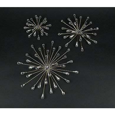 Set of 3 Gold Tone Teardrop Starburst Rhinestone Jeweled Metal Wall Art Hangings
