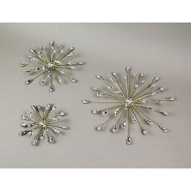 Set of 3 Gold Tone Teardrop Starburst Rhinestone Jeweled Metal Wall Art Hangings