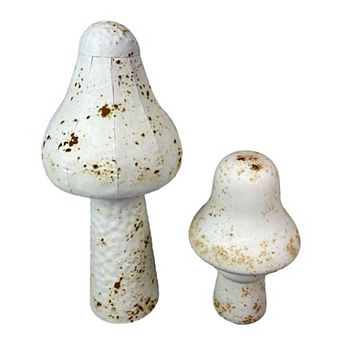 Set of 2 White Metal Mushrooms, 9" & 16" Garden Indoor Outdoor Décor