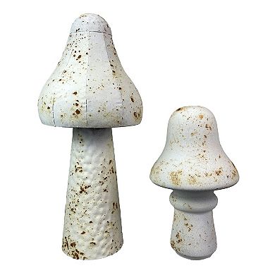Set of 2 White Metal Mushrooms, 9" & 16" Garden Indoor Outdoor Décor