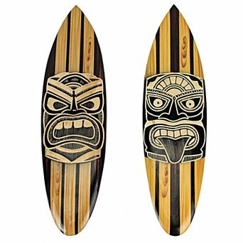 Set Of 2 Hand Crafted Wooden Tiki Mask Surfboard Decorative Wall Hangings 20"