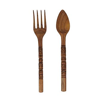 24 Inch Carved Tiki Spoon & Fork Wooden Wall Decor Art Utensil Decoration Set
