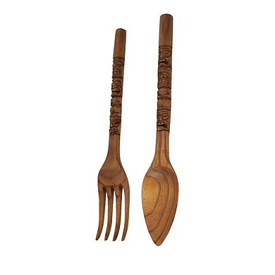 24 Inch Carved Tiki Spoon & Fork Wooden Wall Decor Art Utensil Decoration Set