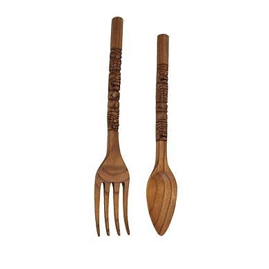 24 Inch Carved Tiki Spoon & Fork Wooden Wall Decor Art Utensil Decoration Set