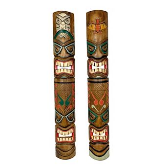 Set of 2 Tiki Mask Bat and Owl Totem Hand Carved Wall Decor Sculpture 40 Inch