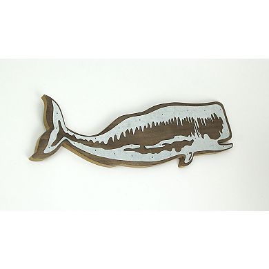 21 Inch Right-Facing Distressed Wooden Sperm Whale Wall Plaque W/ Metal Accents