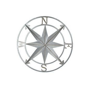 Galvanized Zinc Finish Metal Compass Rose Wall Hanging 20.5 Inch Diameter