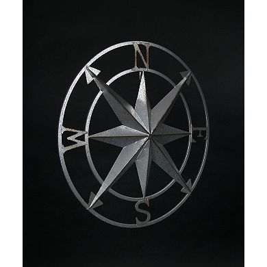 Galvanized Zinc Finish Metal Compass Rose Wall Hanging 20.5 Inch Diameter