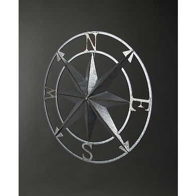 Galvanized Zinc Finish Metal Compass Rose Wall Hanging 20.5 Inch Diameter