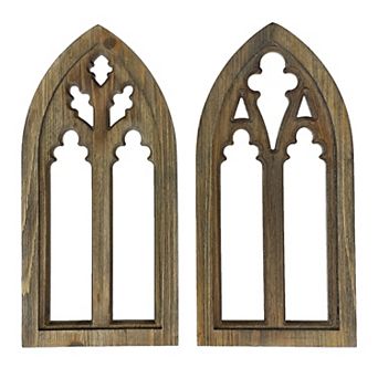 Blackwashed Wood Gothic Arch Window Frame Wall Decor 2 pc Set