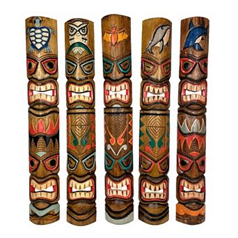 Set of 5 Double Tiki Mask Animal Totem Hand Carved Wall Decor Sculpture 40 Inch