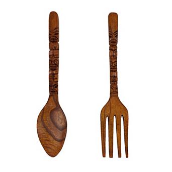 16 Inch Carved Tiki Spoon & Fork Wooden Wall Decor Art Utensil Decoration Set