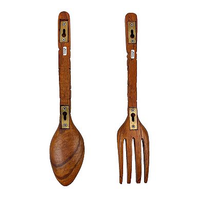 16 Inch Carved Tiki Spoon & Fork Wooden Wall Decor Art Utensil Decoration Set