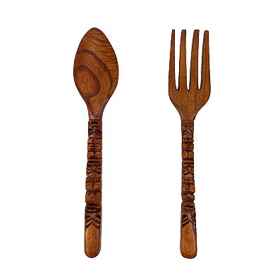 16 Inch Carved Tiki Spoon & Fork Wooden Wall Decor Art Utensil Decoration Set