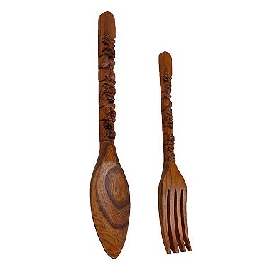 16 Inch Carved Tiki Spoon & Fork Wooden Wall Decor Art Utensil Decoration Set