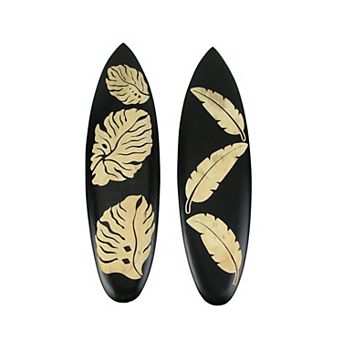 Set / 2 Hand Crafted Wooden Tropical Leaf Surfboard Decorative Wall Hangings 20"