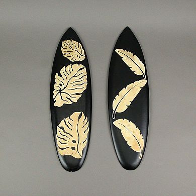 Set / 2 Hand Crafted Wooden Tropical Leaf Surfboard Decorative Wall Hangings 20"