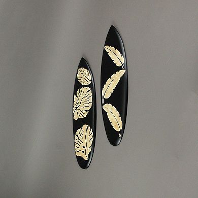 Set / 2 Hand Crafted Wooden Tropical Leaf Surfboard Decorative Wall Hangings 20"