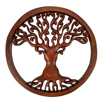 Hand Carved Mahogany Tree Of Life Wood Wall Plaque - 11.5 Inch Diameter