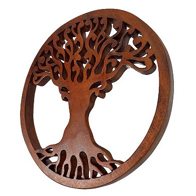 Hand Carved Mahogany Tree Of Life Wood Wall Plaque - 11.5 Inch Diameter