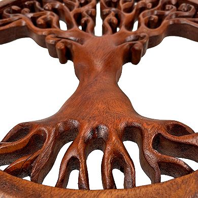 Hand Carved Mahogany Tree Of Life Wood Wall Plaque - 11.5 Inch Diameter