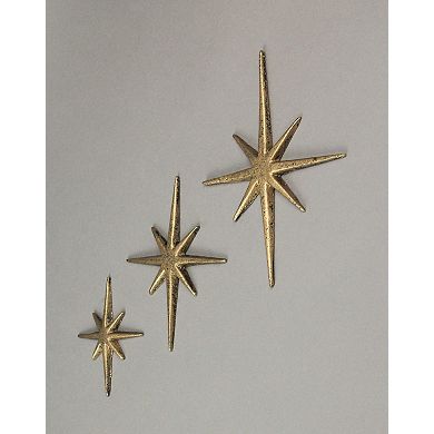 Set of 3 Gold Cast Iron 8 Pointed Starburst Wall Hangings Mid Century Stars