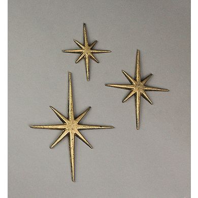 Set of 3 Gold Cast Iron 8 Pointed Starburst Wall Hangings Mid Century Stars