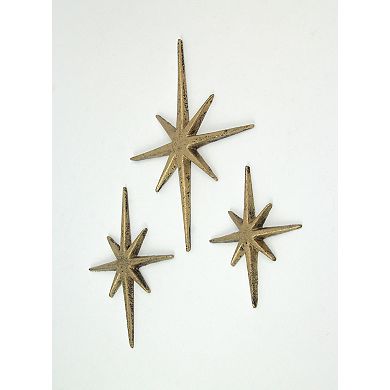 Set of 3 Gold Cast Iron 8 Pointed Starburst Wall Hangings Mid Century Stars