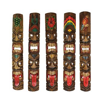 Set of 5 Double Tiki Mask Totem Wall Decor Hand-Carved Island-Inspired Sculpture, 40 Inch