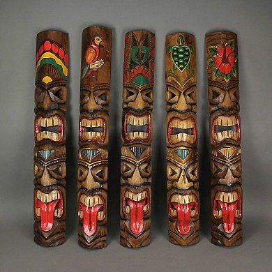 Set of 5 Double Tiki Mask Totem Wall Decor Hand-Carved Island-Inspired Sculpture, 40 Inch
