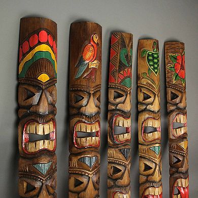 Set of 5 Double Tiki Mask Totem Wall Decor Hand-Carved Island-Inspired Sculpture, 40 Inch