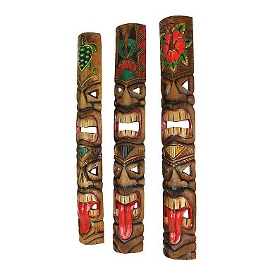 Set of 5 Double Tiki Mask Totem Wall Decor Hand-Carved Island-Inspired Sculpture, 40 Inch