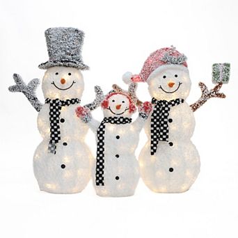 LuxenHome 3 pc Lighted Snowman Family, White Tinsel Frosted Outdoor Holiday Yard Display