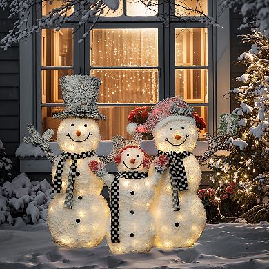 LuxenHome 3-Piece Lighted Snowman Family, White Tinsel Frosted Outdoor Holiday Yard Display
