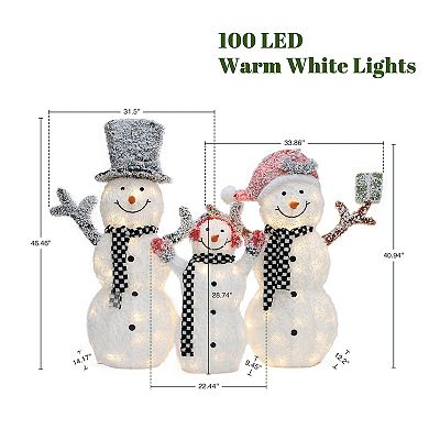 LuxenHome 3-Piece Lighted Snowman Family, White Tinsel Frosted Outdoor Holiday Yard Display