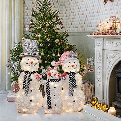 LuxenHome 3-Piece Lighted Snowman Family, White Tinsel Frosted Outdoor Holiday Yard Display