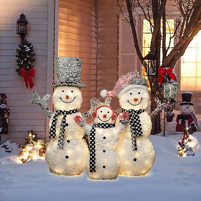 LuxenHome 3-Piece Lighted Snowman Family, White Tinsel Frosted