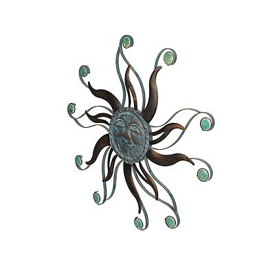 Antique Copper Finish Metal Sun Face Wall Hanging With Ceramic Bead Accents
