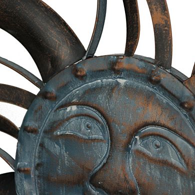 Antique Copper Finish Metal Sun Face Wall Hanging With Ceramic Bead Accents