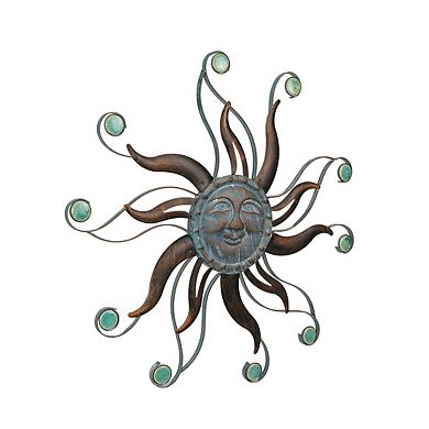 Antique Copper Finish Metal Sun Face Wall Hanging With Ceramic Bead Accents